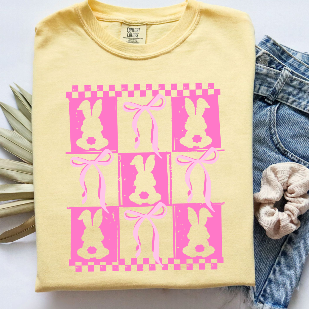 Customized pink bunny silhouette 3x3 with checkerboard and bows comfort colors butter yellow adult graphic tee matching youth available 