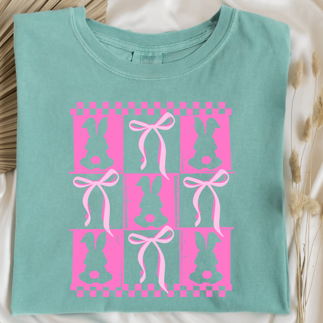 Customized pink bunny silhouette 3x3 with checkerboard and bows comfort colors chalky mint adult graphic tee matching youth available 