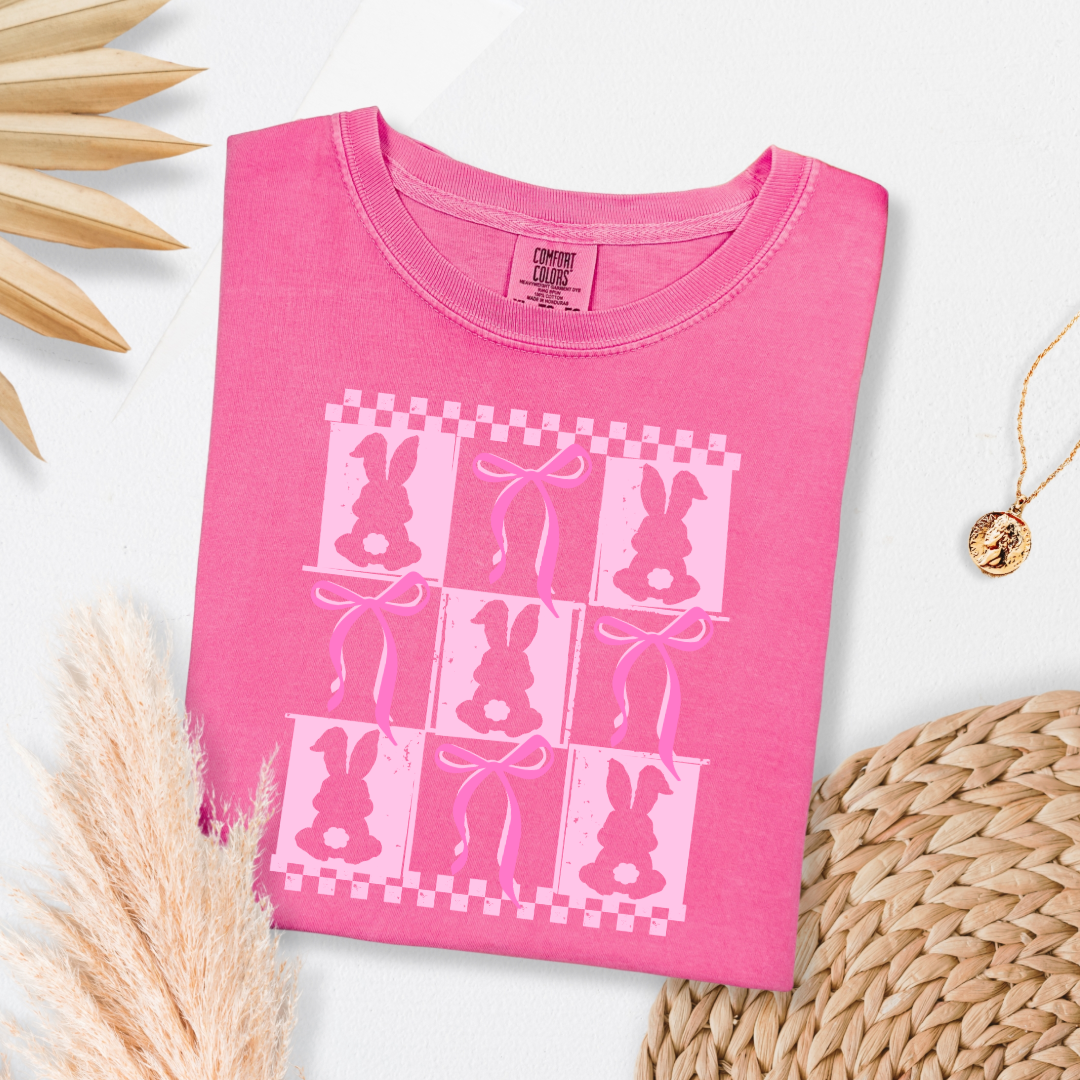 Customized pink bunny silhouette 3x3 with checkerboard and bows comfort colors Crunchberry pink adult graphic tee matching youth available 