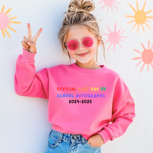 Customized youth hot pink crewneck Rainbow last day of school 2024-2025 autographs graphic tee. Matching graphic tee in youth sizes available