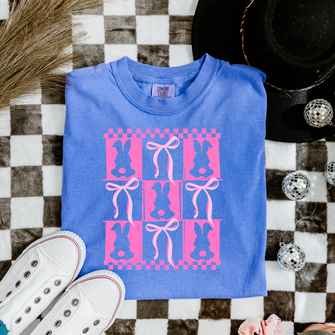 Customized pink bunny silhouette 3x3 with checkerboard and bows comfort colors Flo blue  adult/youth graphic tee matching youth available 