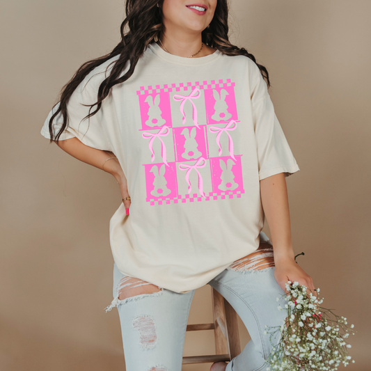 Customized pink bunny silhouette 3x3 with checkerboard and bows comfort colors ivory adult graphic tee matching youth available 