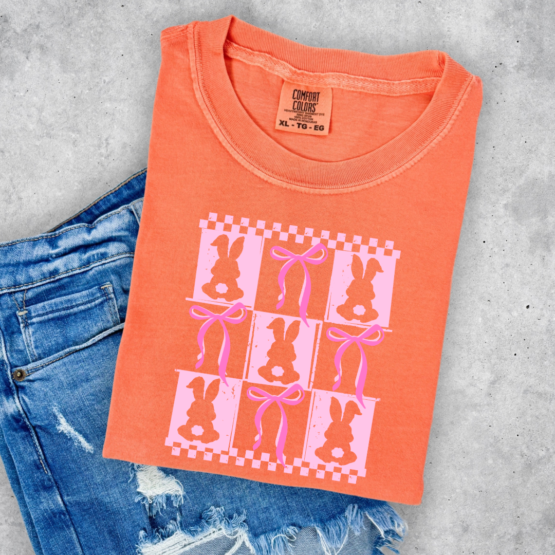 Customized pink bunny silhouette 3x3 with checkerboard and bows comfort colors melon adult graphic tee matching youth available 