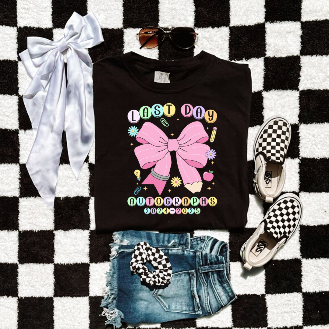 Customized youth comfort colors black last day of school  2024-2025 autographs eras tour inspired friendship bracelet beads with large pink pencil bow matching crewneck and hoodies available In adult and youth sizes.