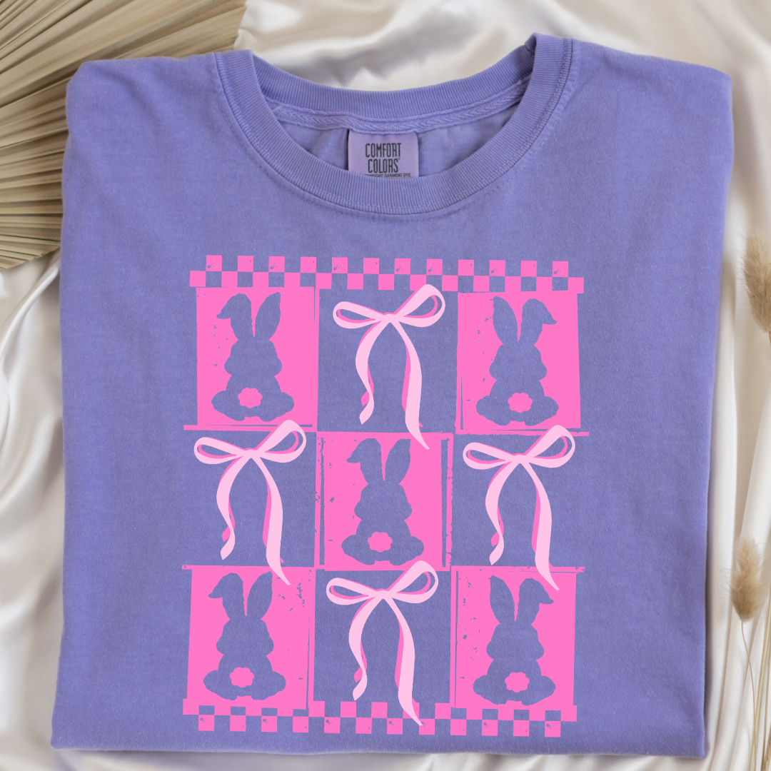 Customized pink bunny silhouette 3x3 with checkerboard and bows comfort colors violet adult graphic tee matching youth available 