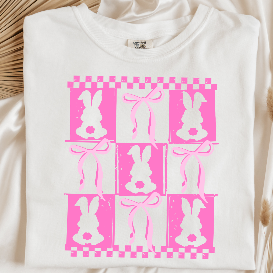 Customized pink bunny silhouette 3x3 with checkerboard and bows comfort colors white adult graphic tee matching youth available 