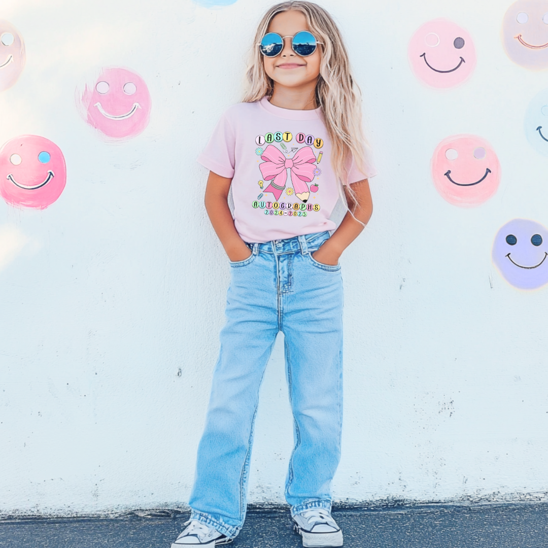 Customized youth comfort colors blossom pink last day of school  2024-2025 autographs eras tour inspired friendship bracelet beads with large pink pencil bow matching crewneck and hoodies available In adult and youth sizes.