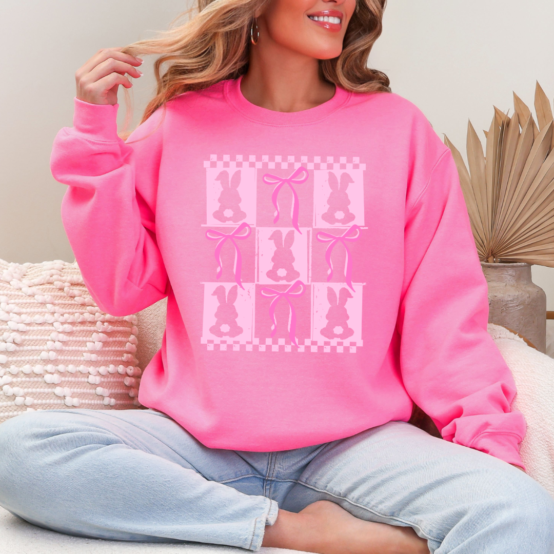 Customized pink bunny silhouette 3x3 with checkerboard and bows adult hot pink crewneck matching youth available 