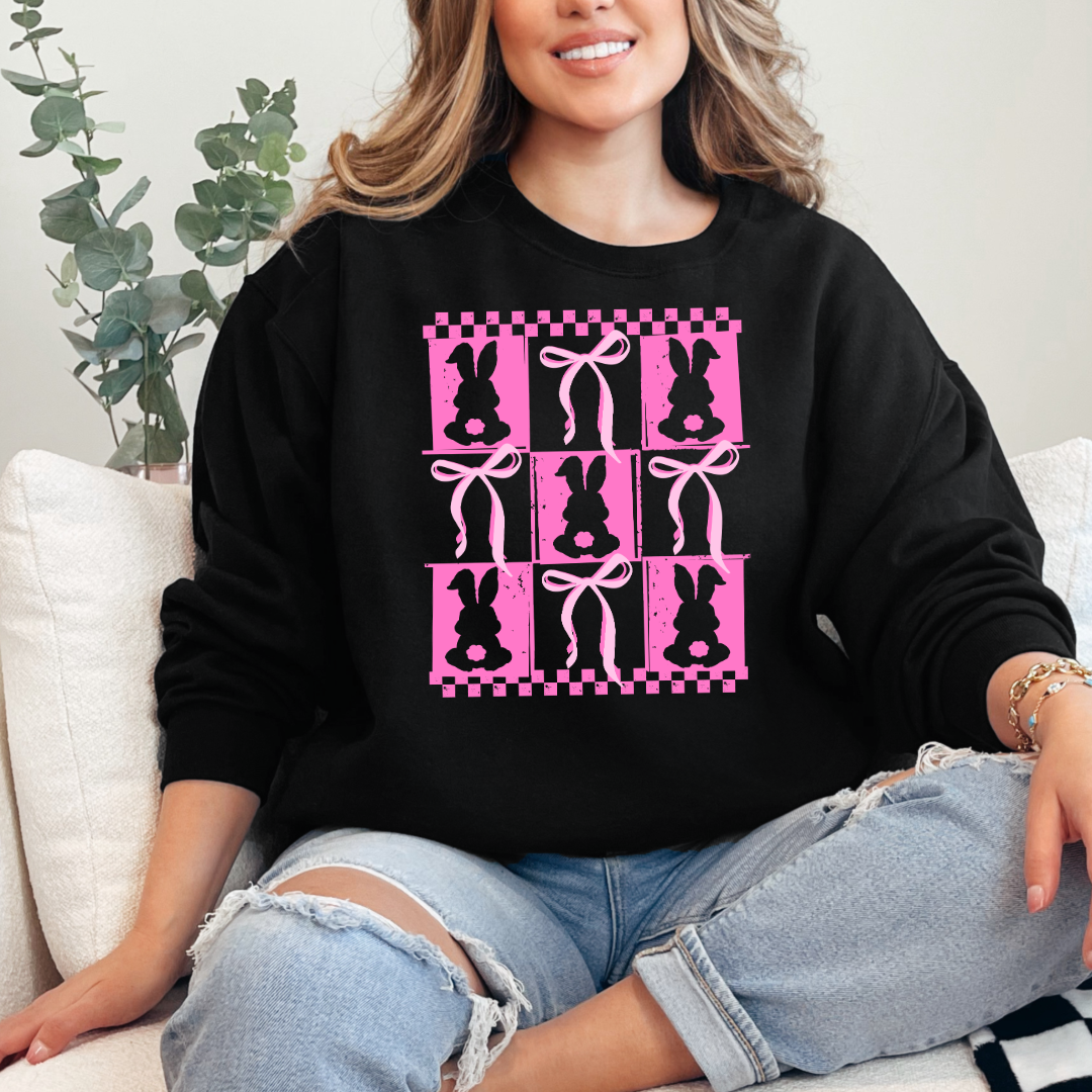 Customized pink bunny silhouette 3x3 with checkerboard and bows adult black crewneck matching youth available 