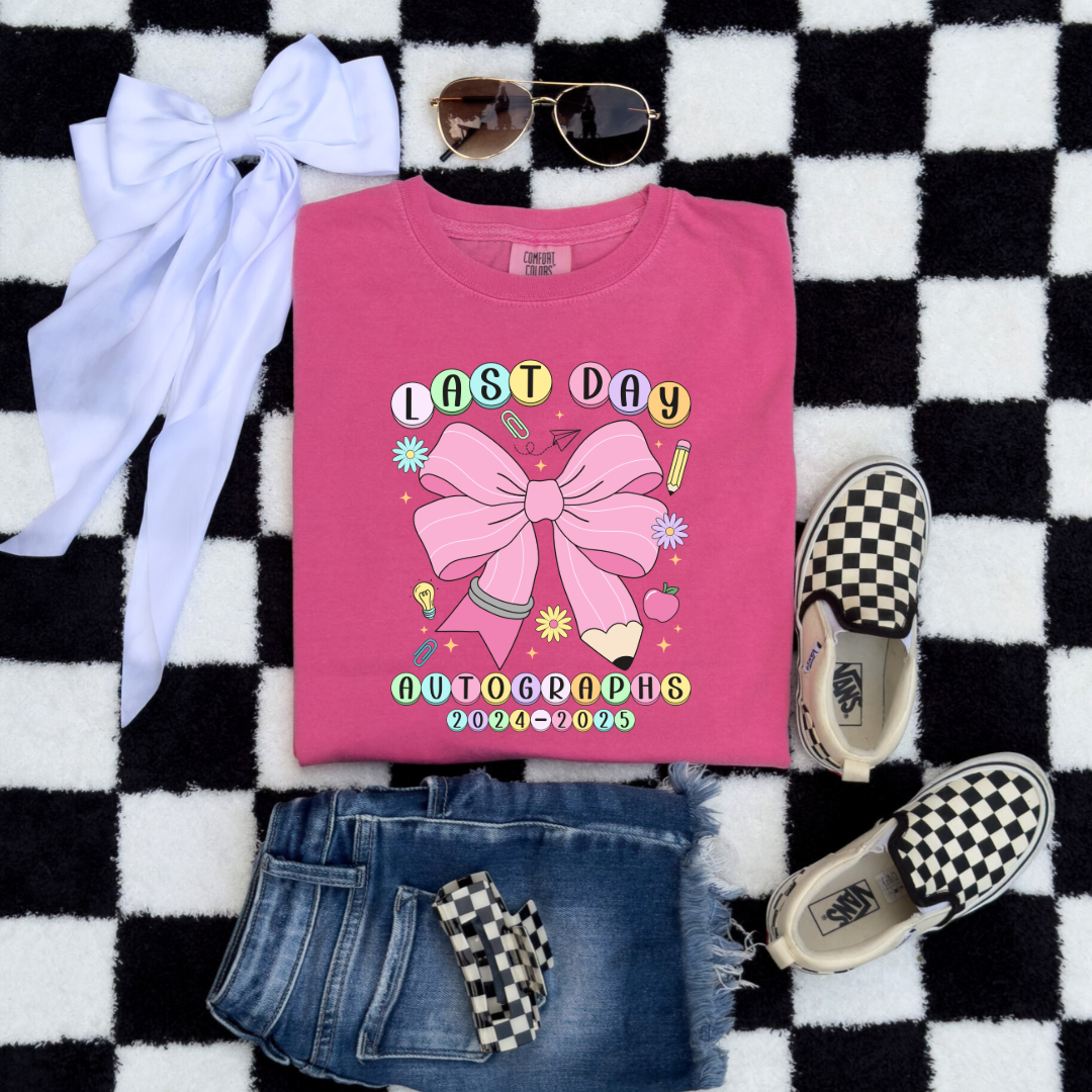 Customized youth comfort colors Crunchberry pink last day of school  2024-2025 autographs eras tour inspired friendship bracelet beads with large pink pencil bow matching crewneck and hoodies available In adult and youth sizes.