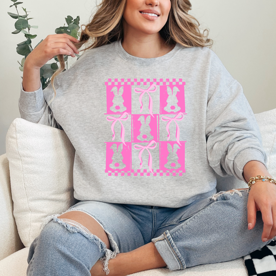 Customized pink bunny silhouette 3x3 with checkerboard and bows adult grey crewneck matching youth available 