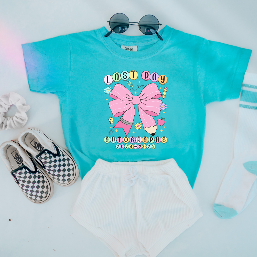 Customized youth comfort colors Lagoon Blue last day of school  2024-2025 autographs eras tour inspired friendship bracelet beads with large pink pencil bow matching crewneck and hoodies available In adult and youth sizes.