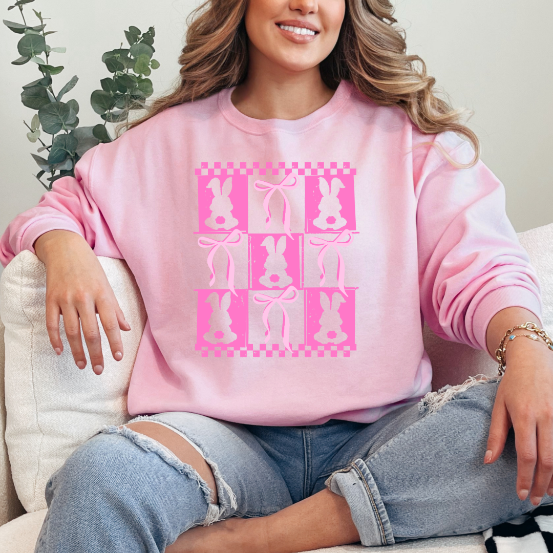 Customized pink bunny silhouette 3x3 with checkerboard and bows adult light pink crewneck matching youth available 