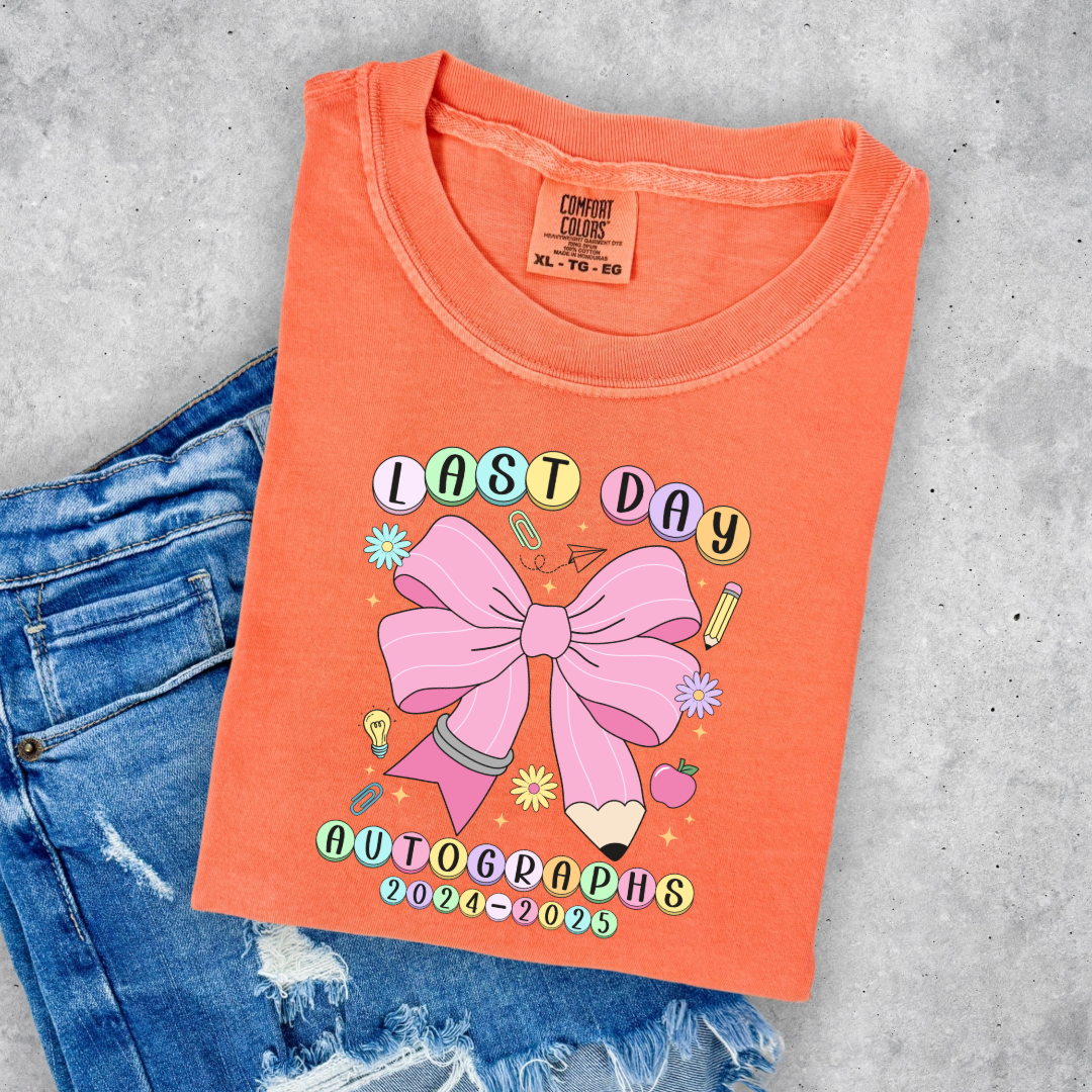 Customized youth comfort colors Melon last day of school  2024-2025 autographs eras tour inspired friendship bracelet beads with large pink pencil bow matching crewneck and hoodies available In adult and youth sizes.