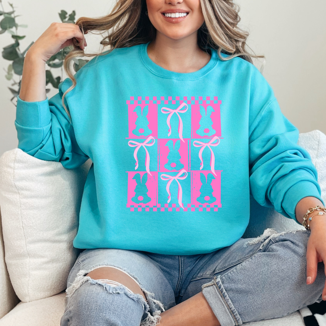 Customized pink bunny silhouette 3x3 with checkerboard and bows adult scuba blue crewneck matching youth available 