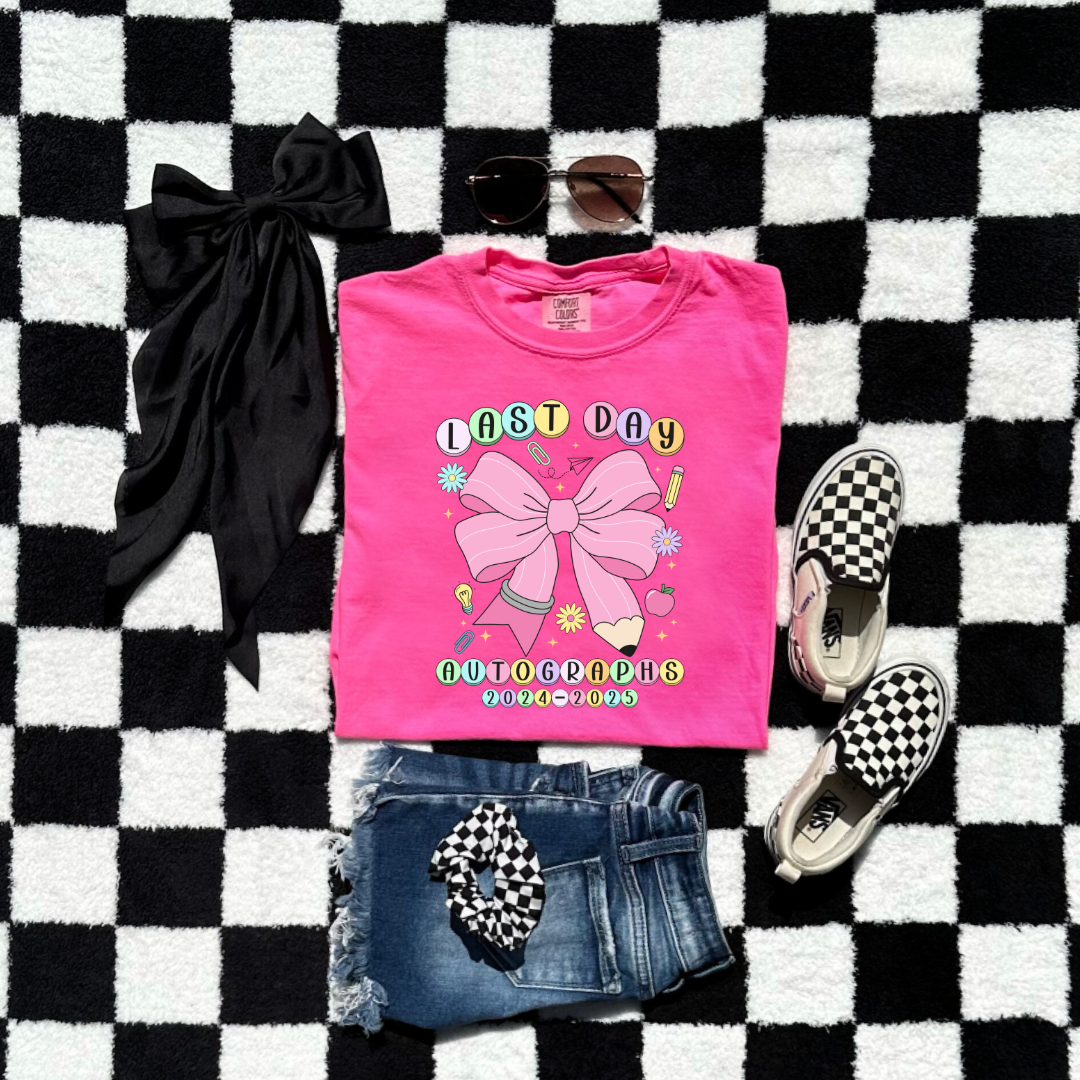 Customized youth comfort colors Neon pink last day of school  2024-2025 autographs eras tour inspired friendship bracelet beads with large pink pencil bow matching crewneck and hoodies available In adult and youth sizes.