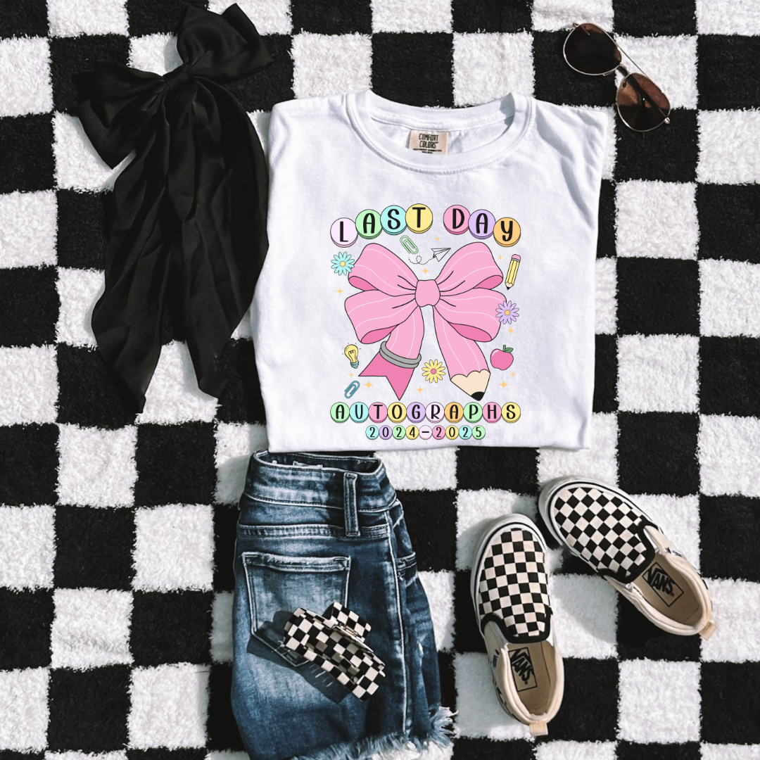 Customized youth comfort colors white last day of school  2024-2025 autographs eras tour inspired friendship bracelet beads with large pink pencil bow matching crewneck and hoodies available In adult and youth sizes.