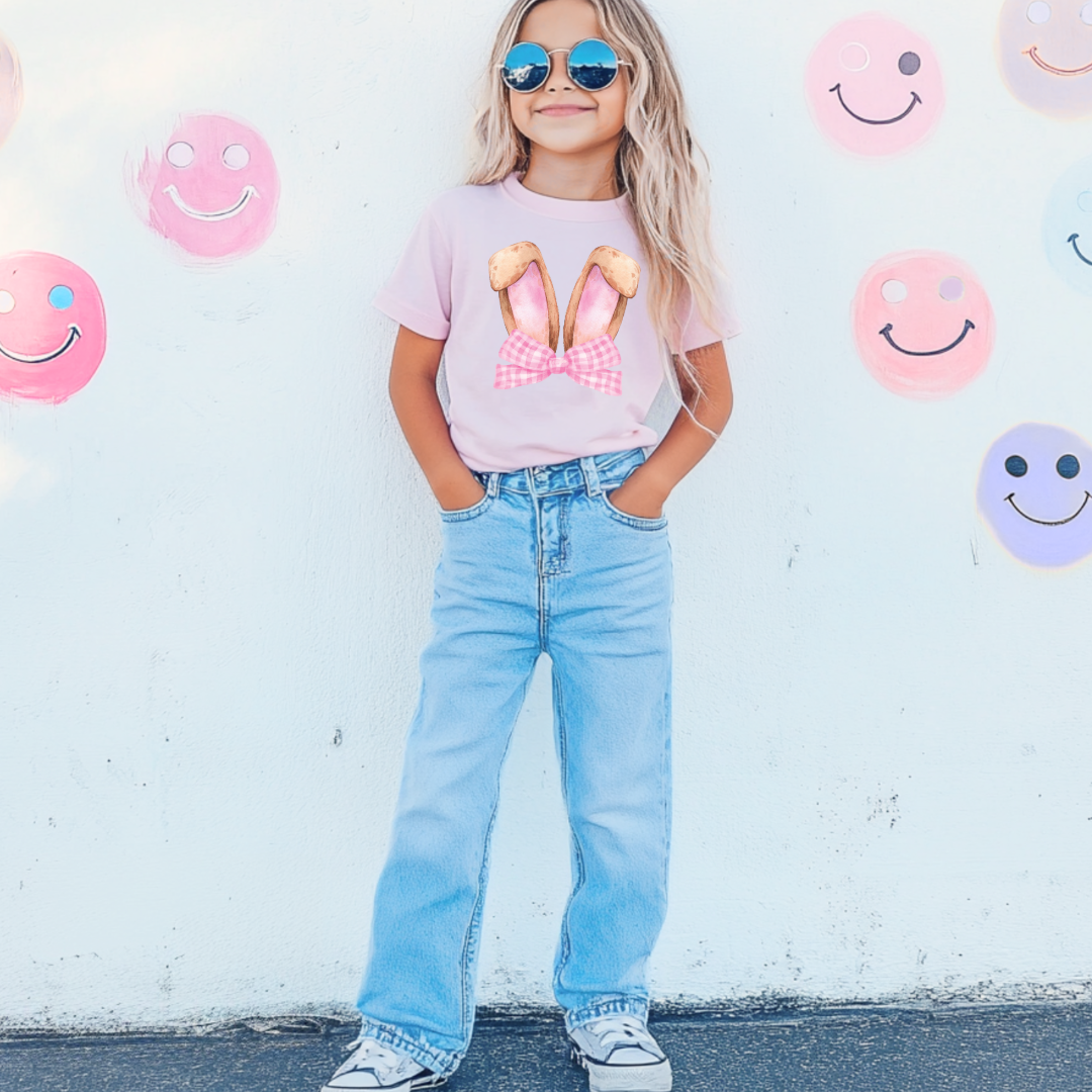 Customized bunny ears silhouette with pink gingham bow watercolor youth comfort colors blossom pink graphic tee matching adult available 