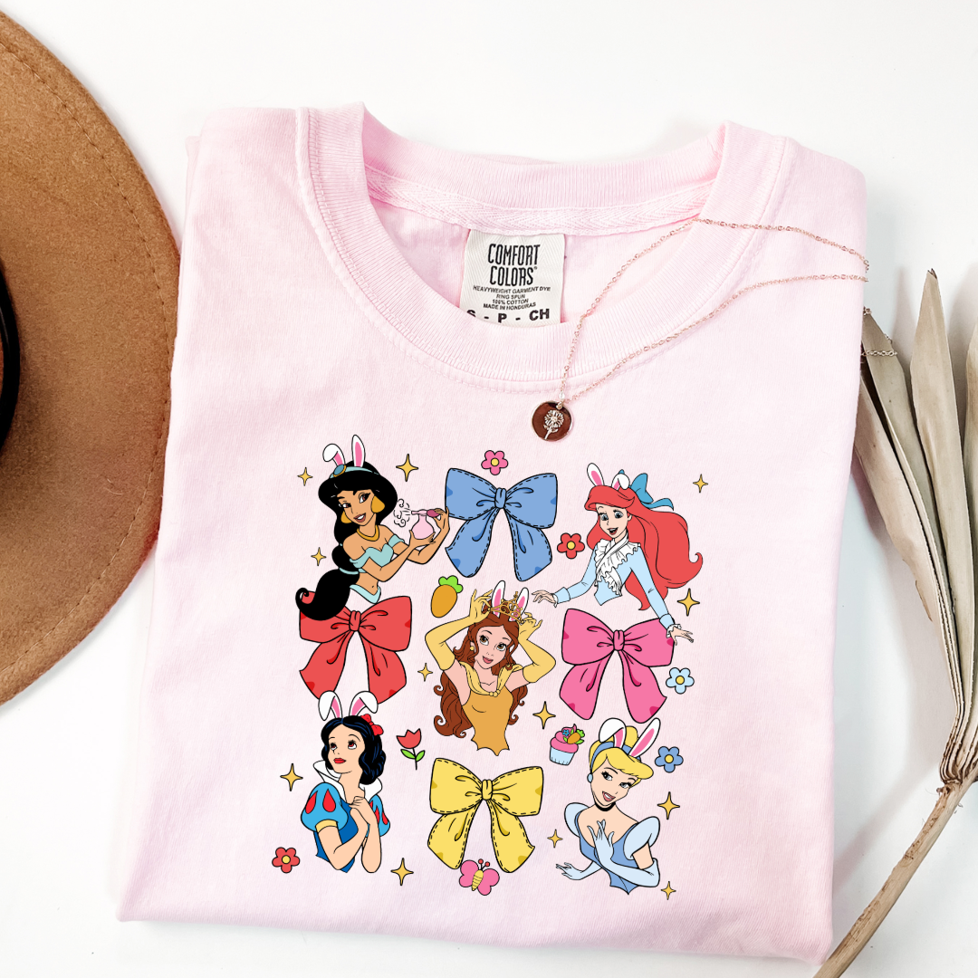 Disney princess coquette with bunny ears adult comfort colors blossom pink graphic tee matching youth tees available 