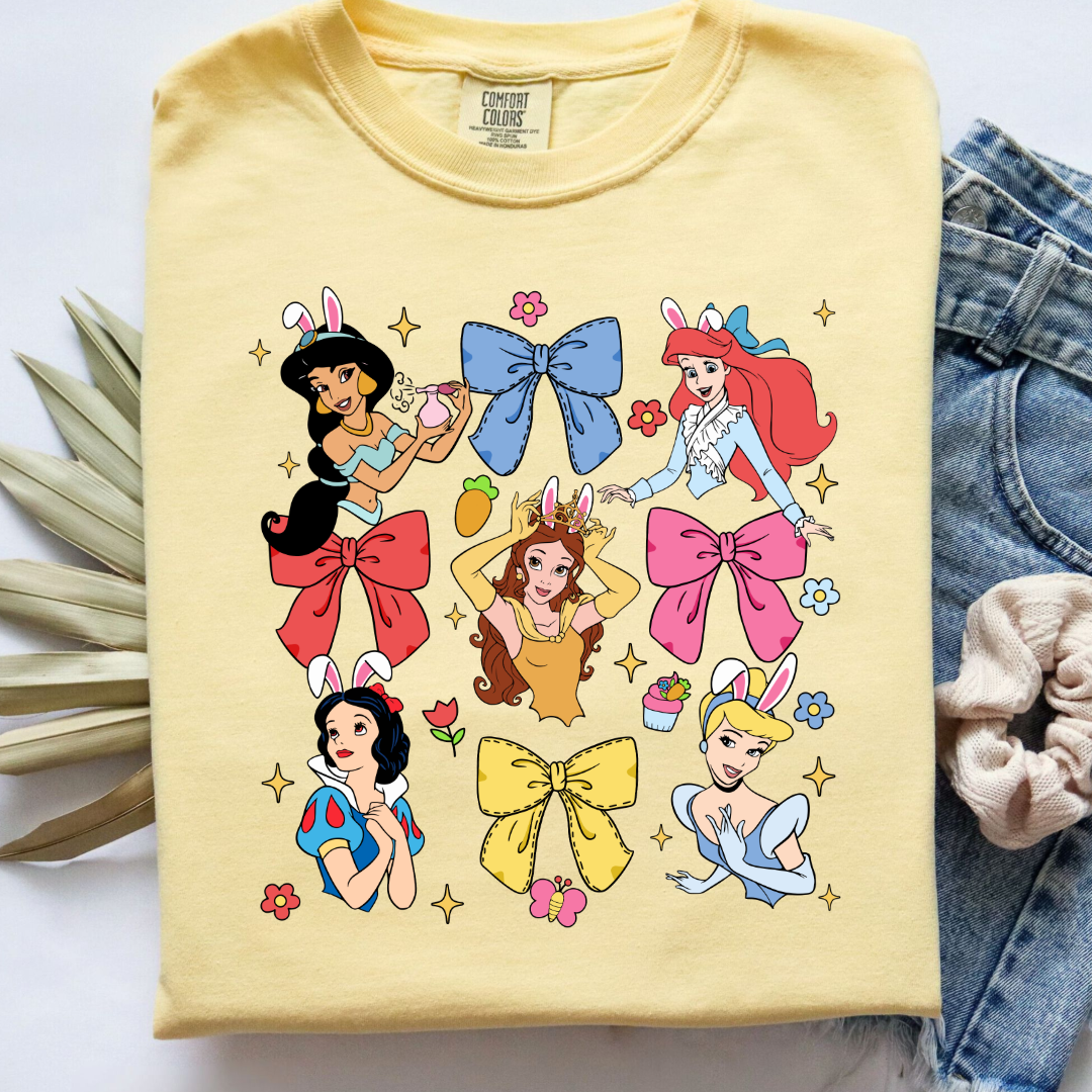 Disney princess coquette with bunny ears adult comfort colors butter yellow graphic tee matching youth tees available 