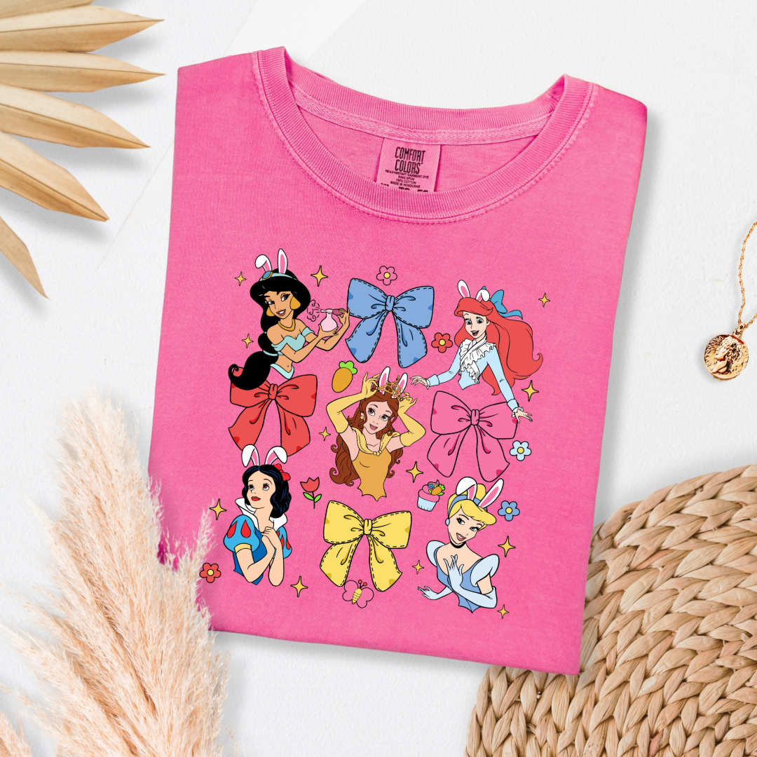 Disney princess coquette with bunny ears adult comfort colors  crunchberry pink graphic tee matching youth tees available 