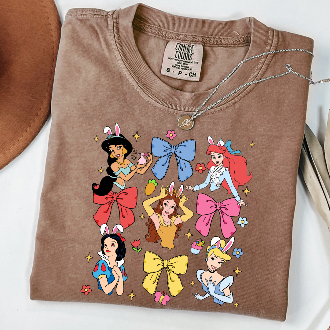 Disney princess coquette with bunny ears adult comfort colors espresso brown graphic tee matching youth tees available 