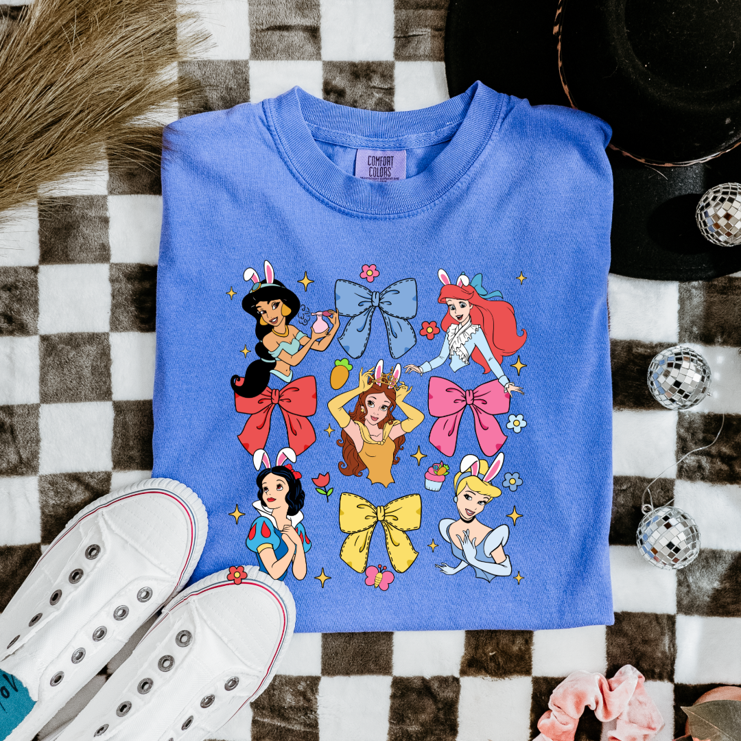 Disney princess coquette with bunny ears adult comfort colors flo blue graphic tee matching youth tees available 