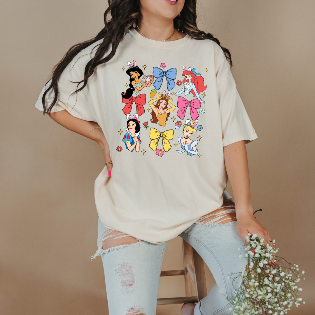 Disney princess coquette with bunny ears adult comfort colors ivory graphic tee matching youth tees available 