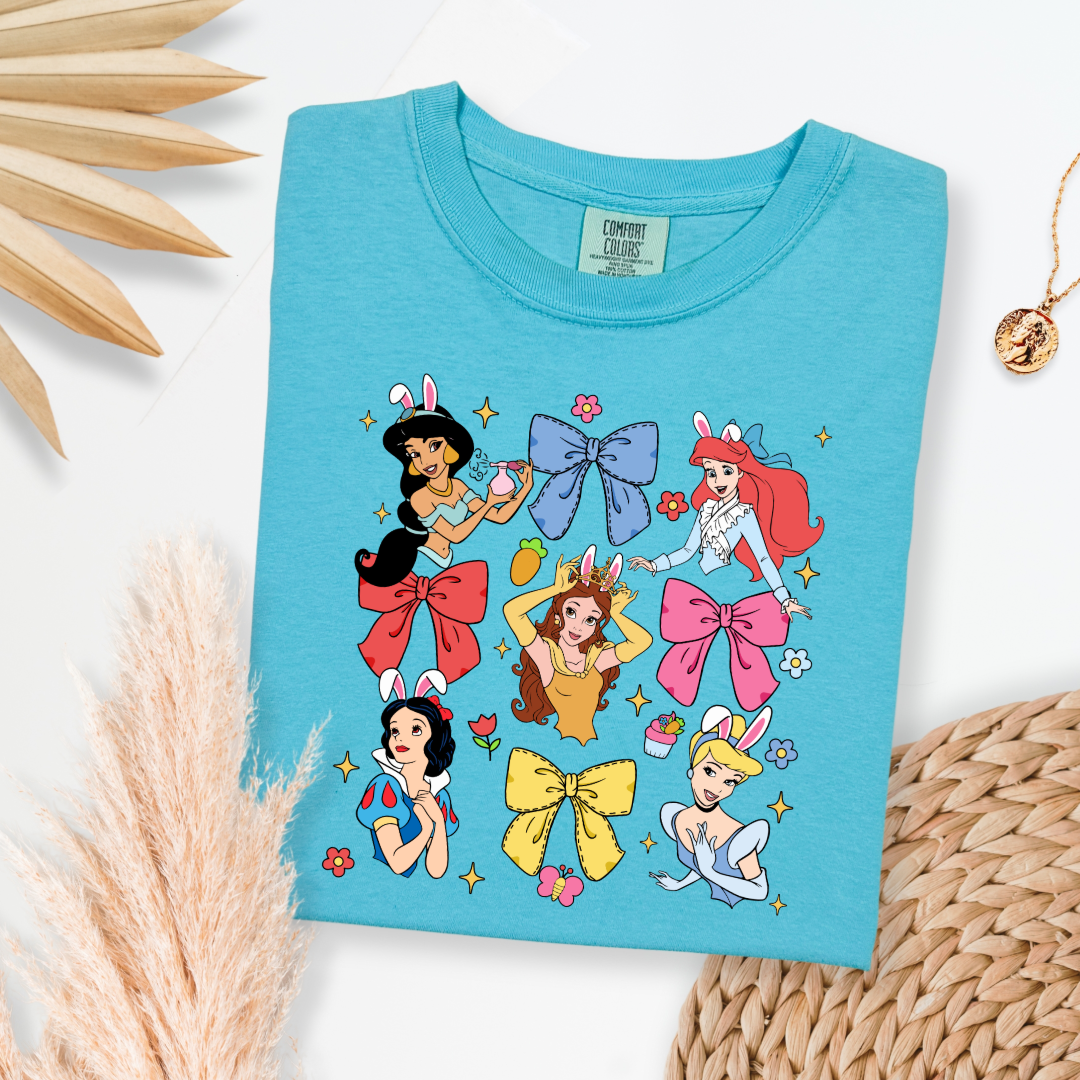 Disney princess coquette with bunny ears adult comfort colors lagoon blue graphic tee matching youth tees available 