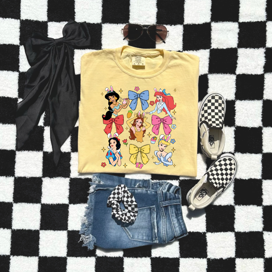 Disney princess coquette with bunny ears youth comfort colors butter yellow graphic tee matching adult tees available