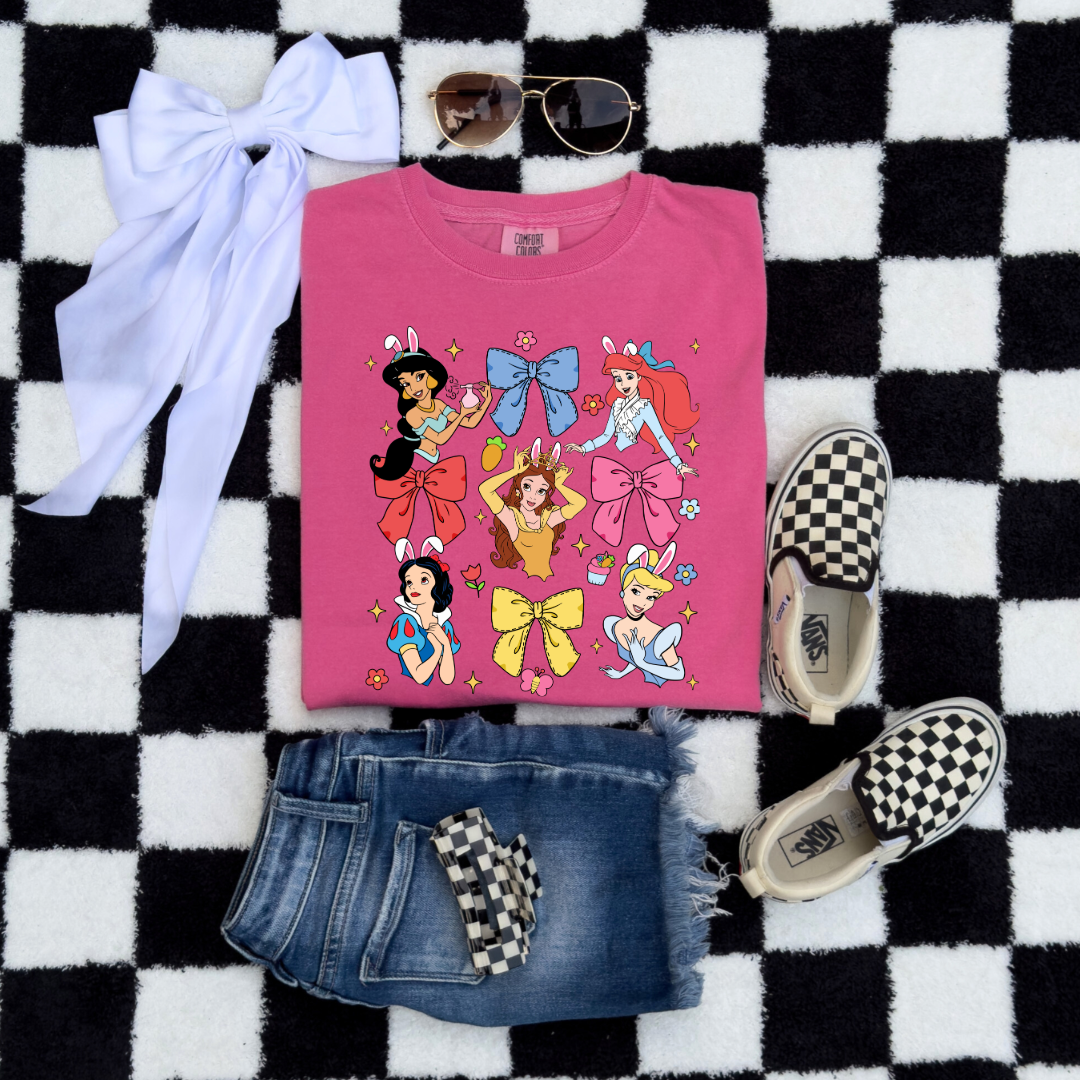 Disney princess coquette with bunny ears youth comfort colors crunchberry pink graphic tee matching adult tees available