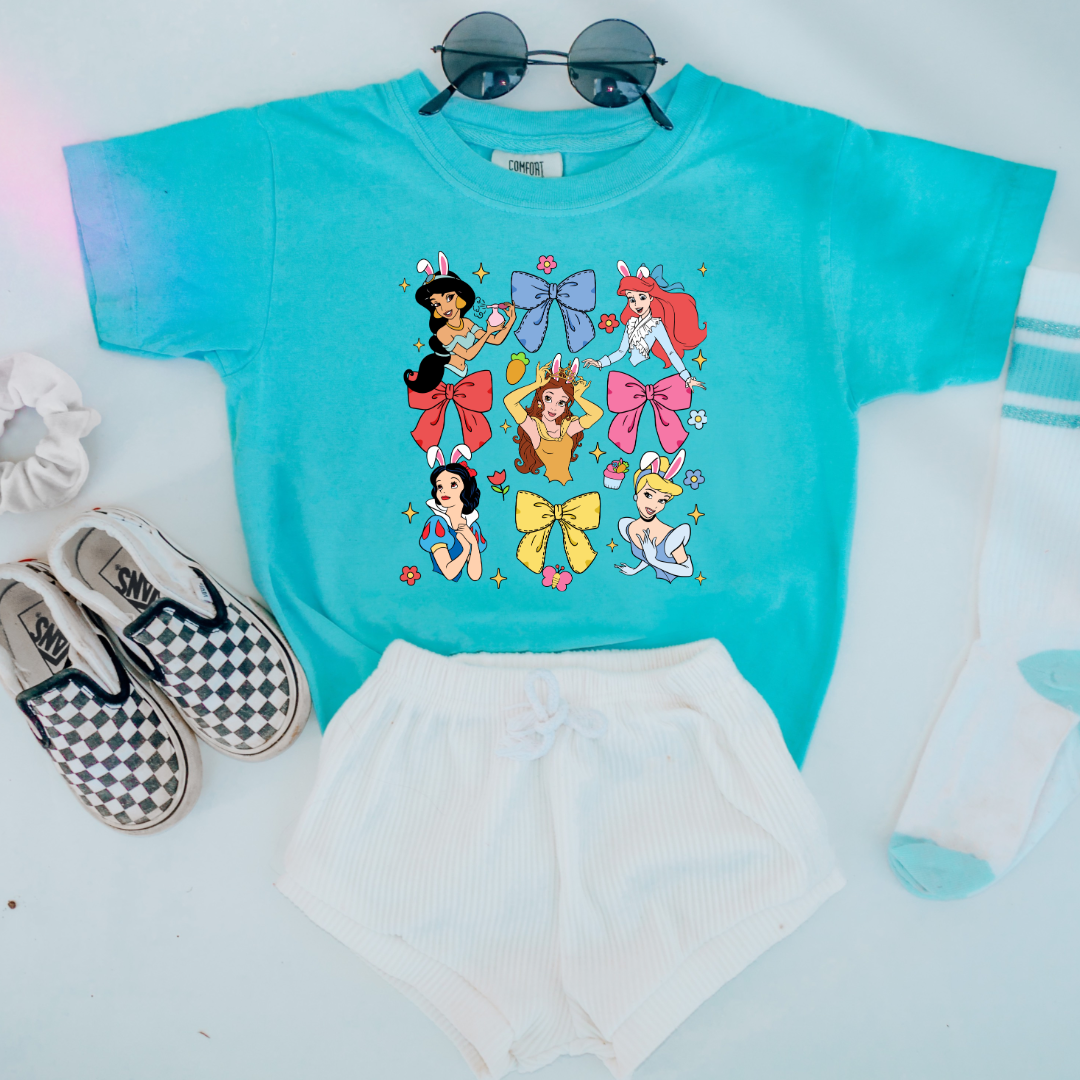 Disney princess coquette with bunny ears youth comfort colors lagoon blue graphic tee matching adult tees available