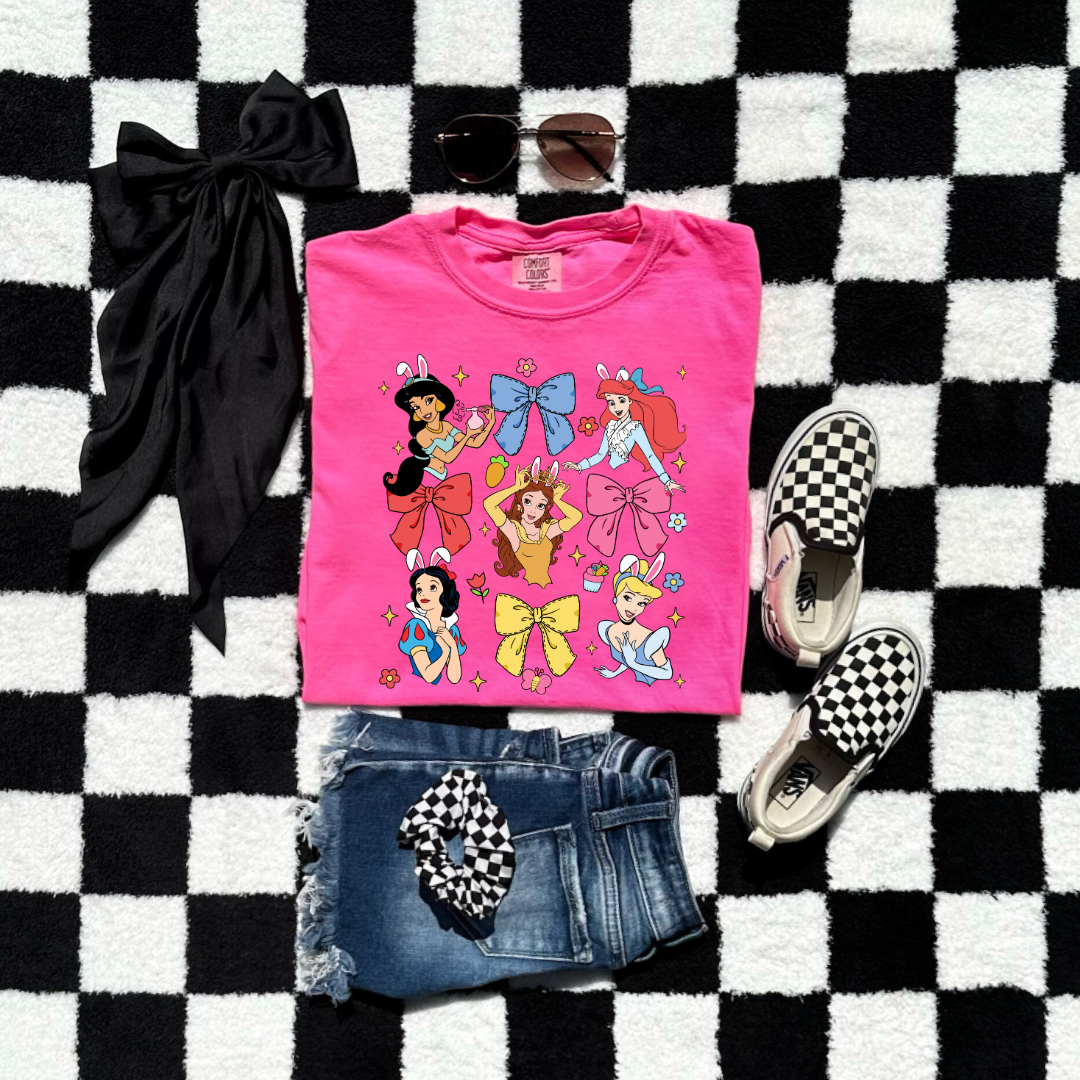 Disney princess coquette with bunny ears youth comfort colors neon pink graphic tee matching adult tees available