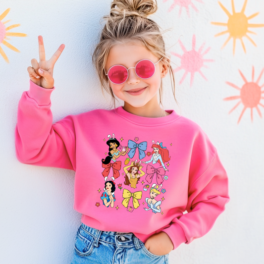 Disney princess coquette with bunny ears youth hot pink crewneck matching adult crewnecks available