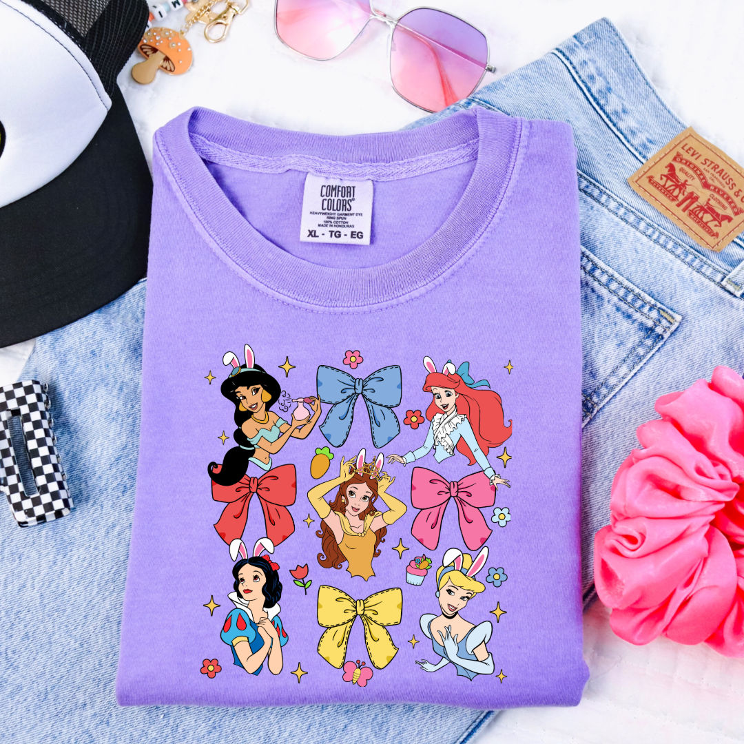 Disney princess coquette with bunny ears youth comfort colors violet graphic tee matching adult tees available