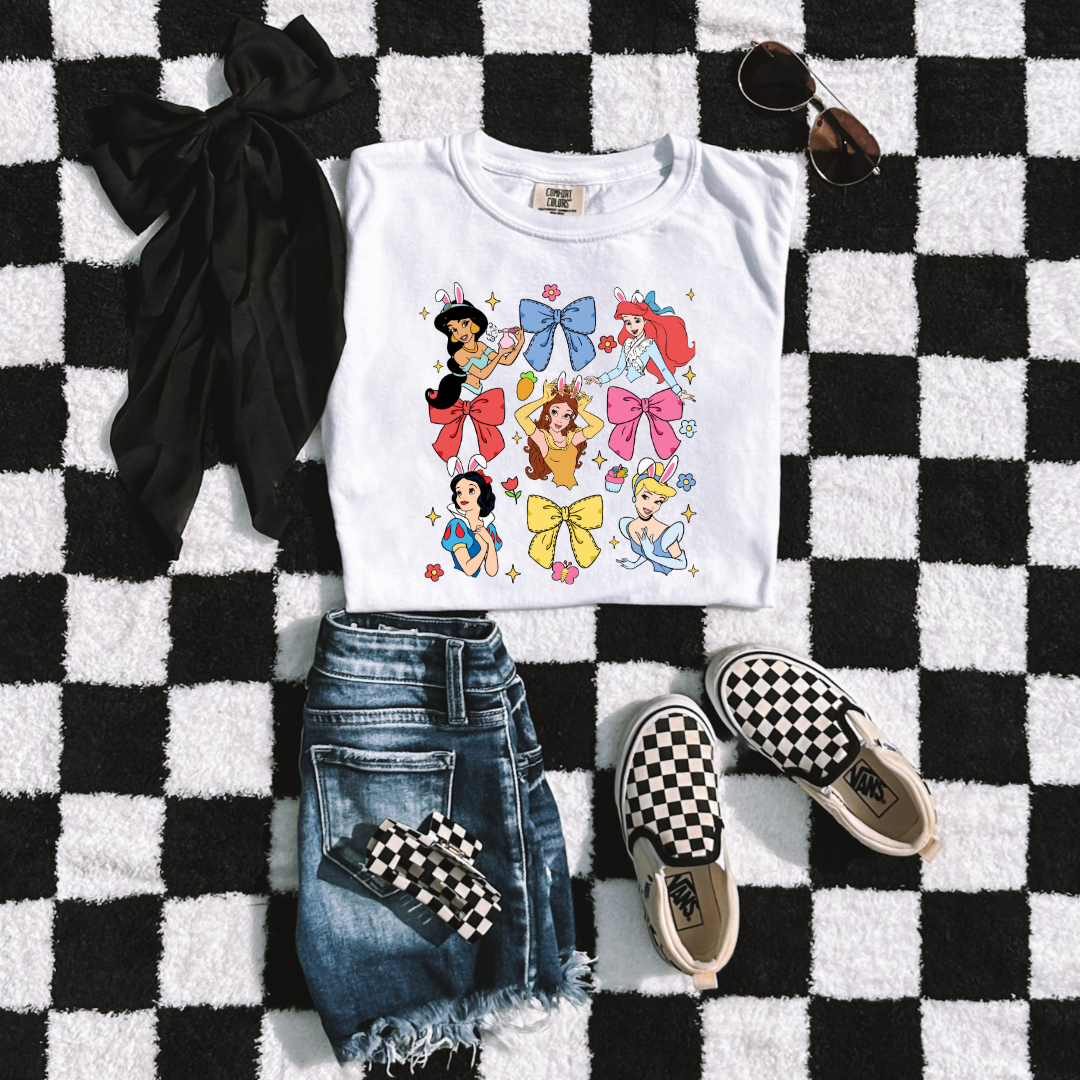 Disney princess coquette with bunny ears youth comfort colors white graphic tee matching adult tees available