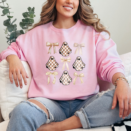 Tan Checkered Ghost Coquette Crewneck & Hoodie