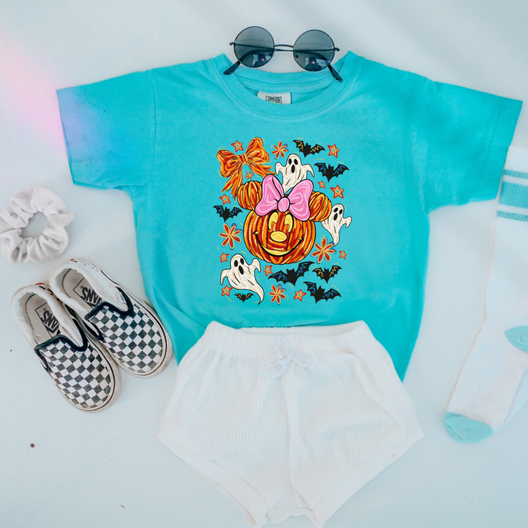 Youth Comfort Colors Lagoon Blue Graphic Tee with Dimensional Minnie Mouse pumpkin head with ghosts, bows and bats. This Design Is available in Youth sizes Small through XL. Mickey Mouse available as well 