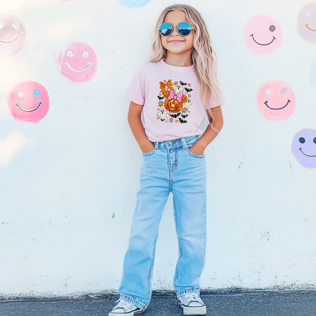 Youth Comfort Colors Blossom Pink Graphic Tee with Dimensional Minnie Mouse pumpkin head with ghosts, bows and bats. This Design Is available in Youth sizes Small through XL. Mickey Mouse available as well 