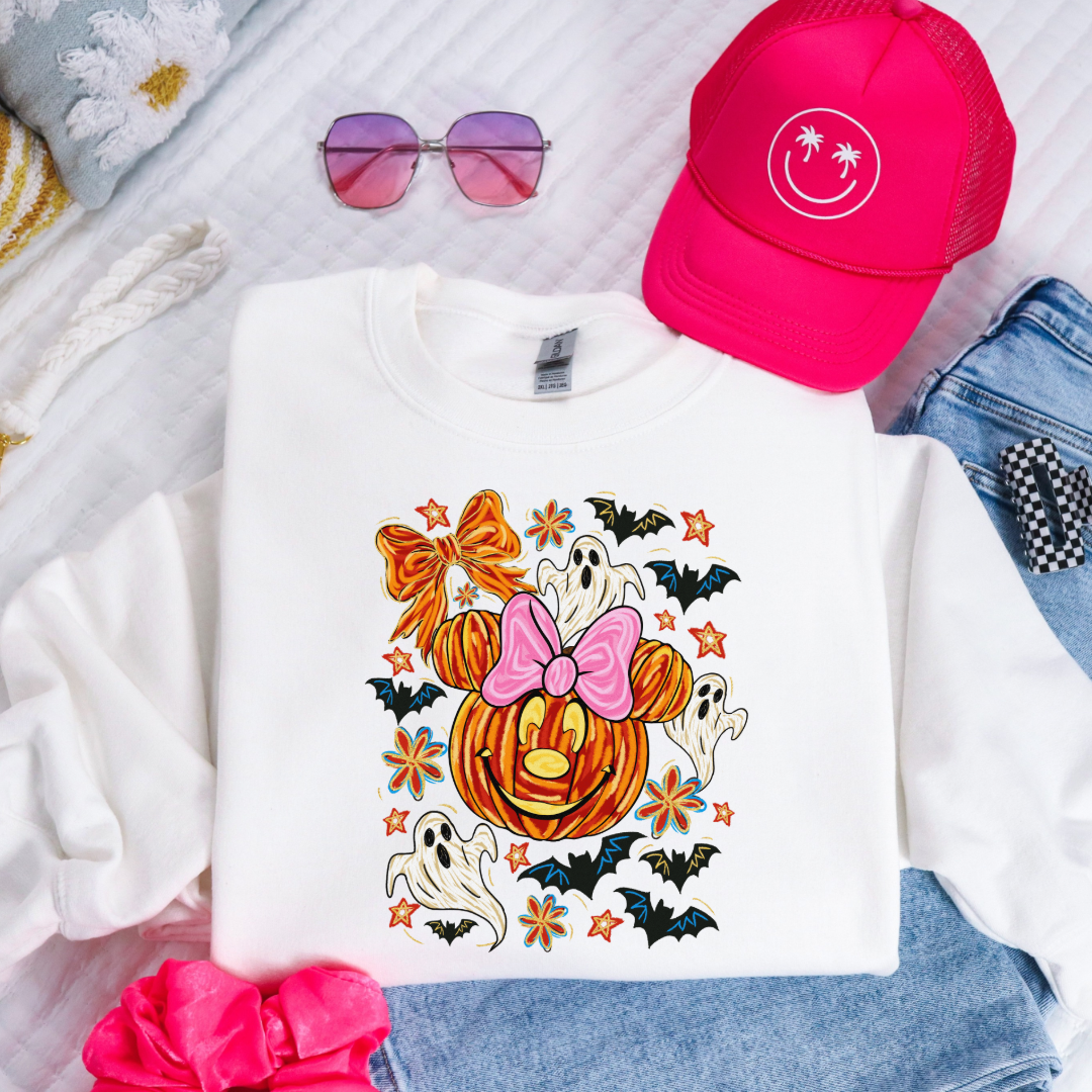 Youth White  Crewneck with Dimensional Minnie Mouse pumpkin head with ghosts, bows and bats. This Design Is available in Youth sizes Small through XL. Mickey Mouse available as well 