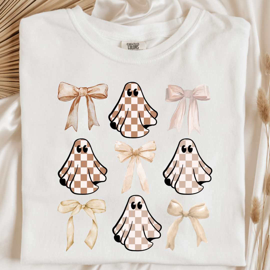 Tan Checkered Ghost Coquette Graphic Tee