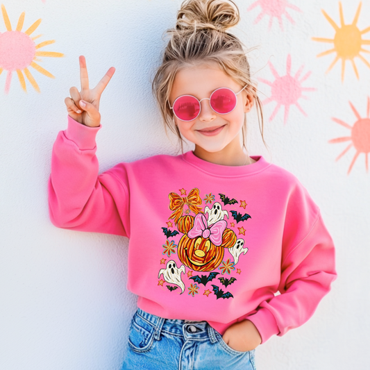 Youth Safety Pink Crewneck with Dimensional Minnie Mouse pumpkin head with ghosts, bows and bats. This Design Is available in Youth sizes Small through XL. Mickey Mouse available as well 