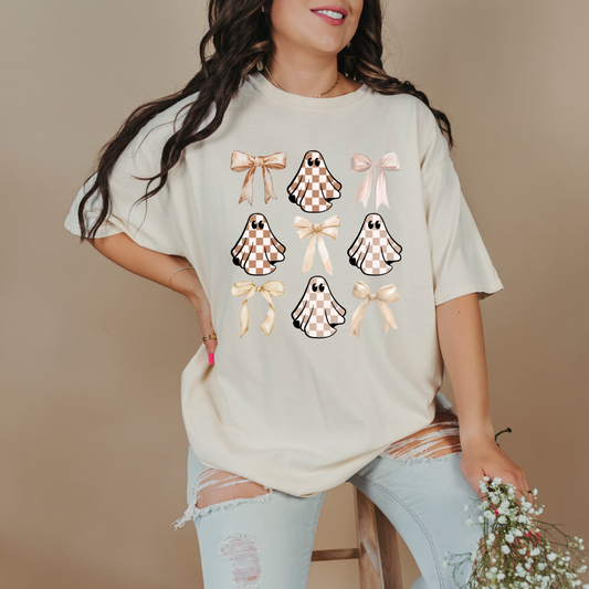 Tan Checkered Ghost Coquette Graphic Tee