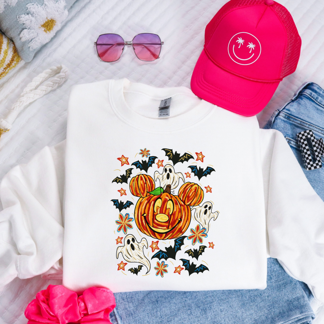 Youth white Crewneck with Dimensional Mickey Mouse pumpkin head with ghosts, bows and bats. This Design Is available in Youth sizes Small through XL. Minnie Mouse available as well 