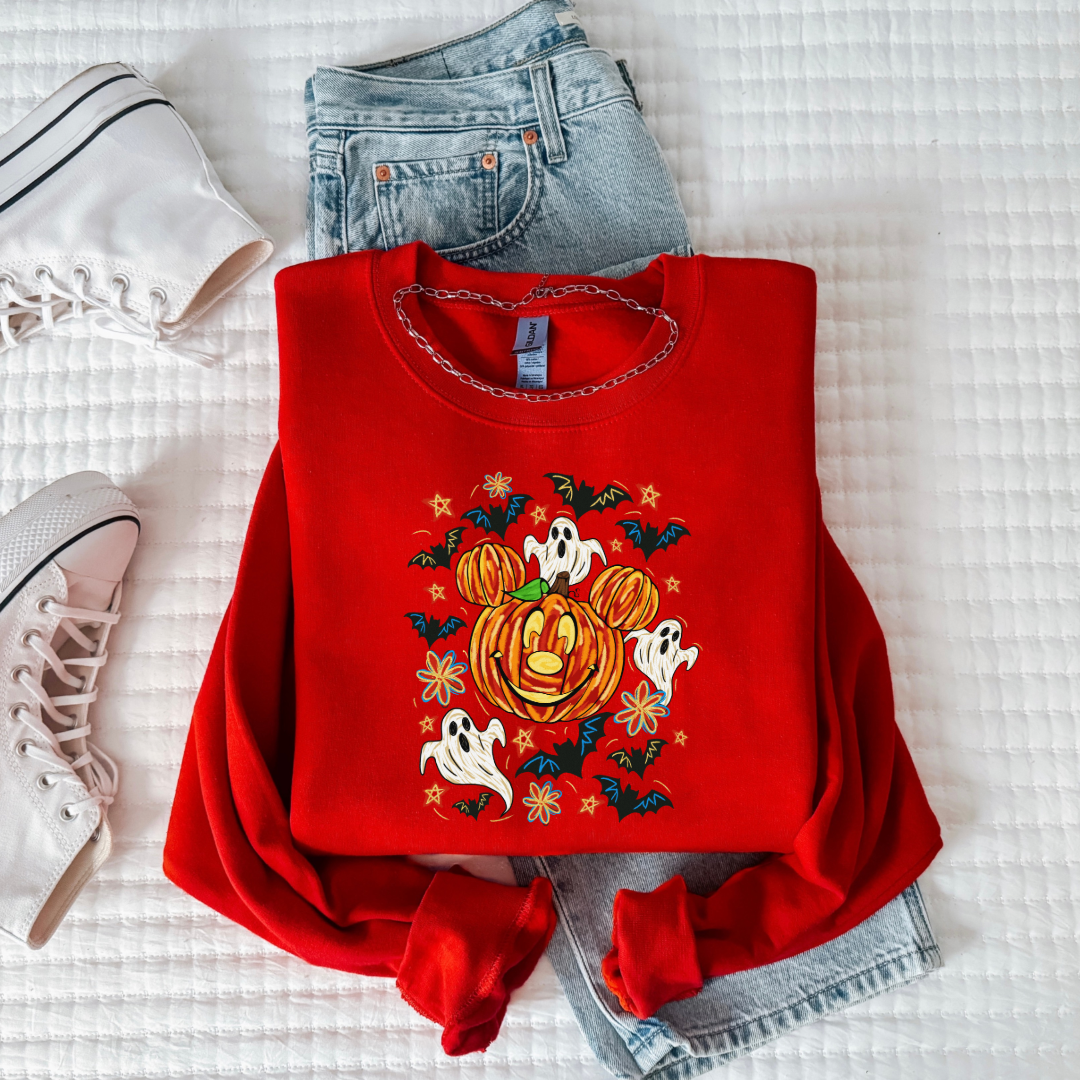 Youth Red Crewneck with Dimensional Mickey Mouse pumpkin head with ghosts, bows and bats. This Design Is available in Youth sizes Small through XL. Minnie Mouse available as well 
