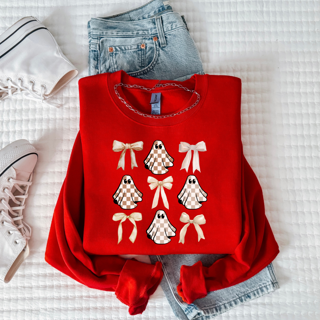 Tan Checkered Ghost Coquette Youth Crewneck