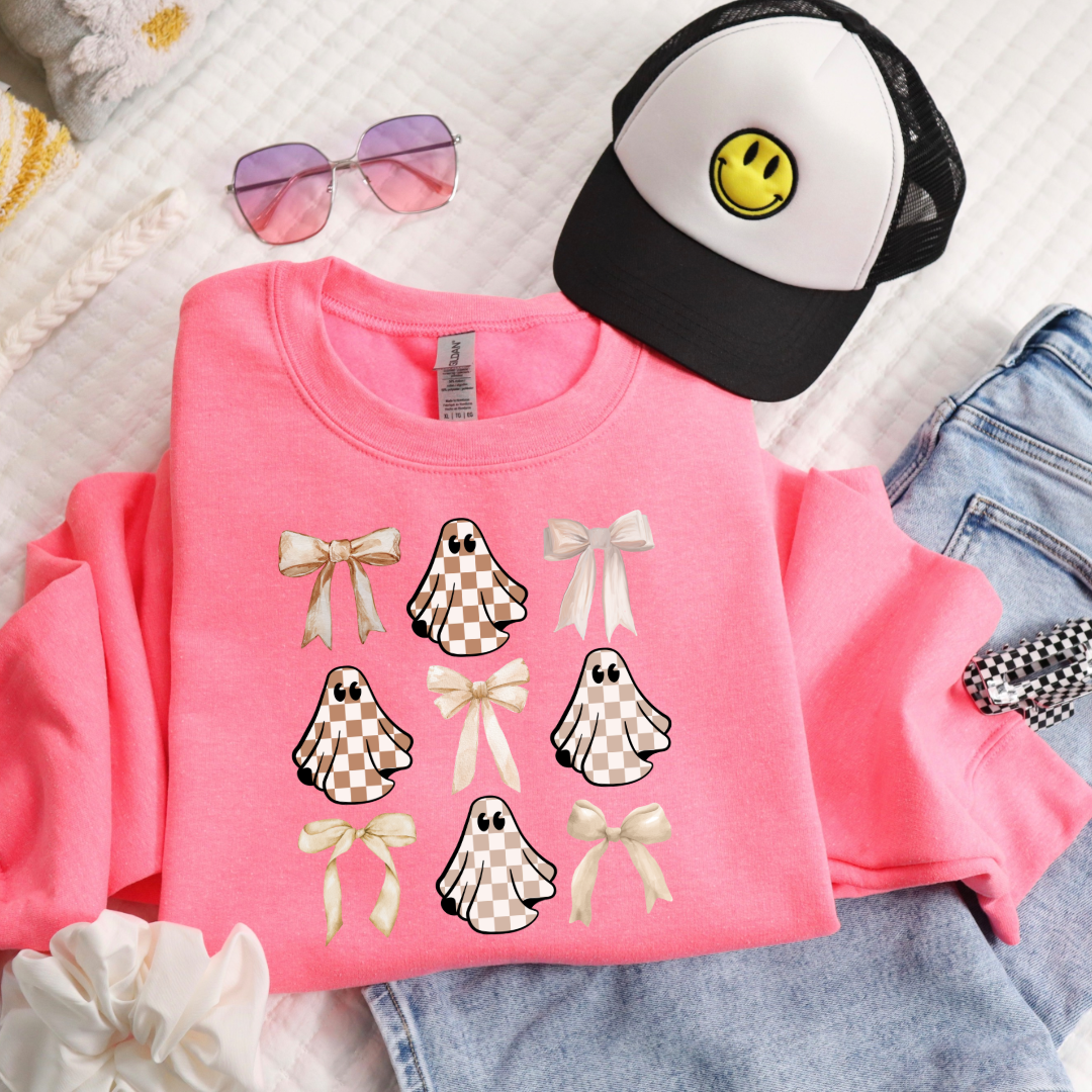 Tan Checkered Ghost Coquette Youth Crewneck