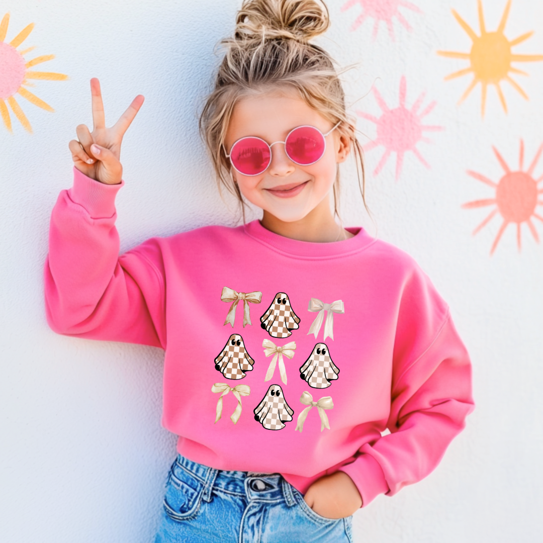 Tan Checkered Ghost Coquette Youth Crewneck