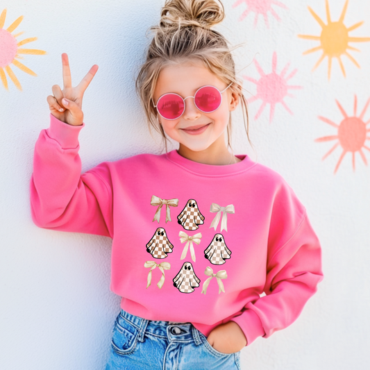 Tan Checkered Ghost Coquette Youth Crewneck
