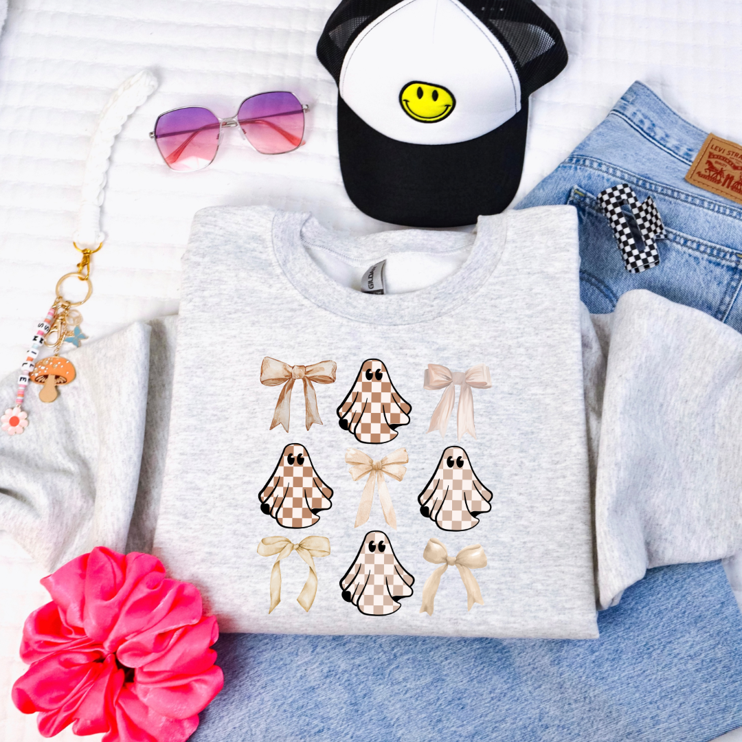 Tan Checkered Ghost Coquette Youth Crewneck